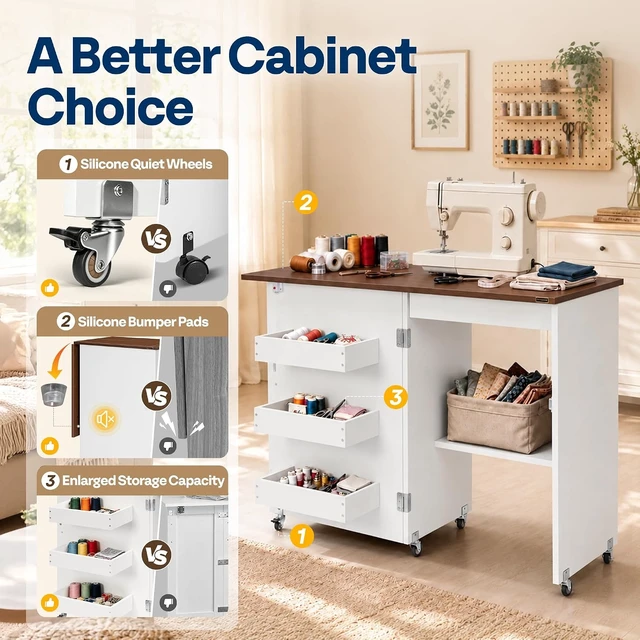 Alt view image 3 of 7 - Folding Sewing Table for Sewing Machine, Sewing Desk with Storage