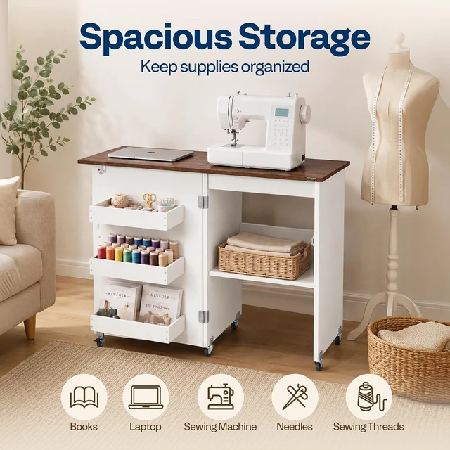 Alt view image 7 of 7 - Folding Sewing Table for Sewing Machine, Sewing Desk with Storage