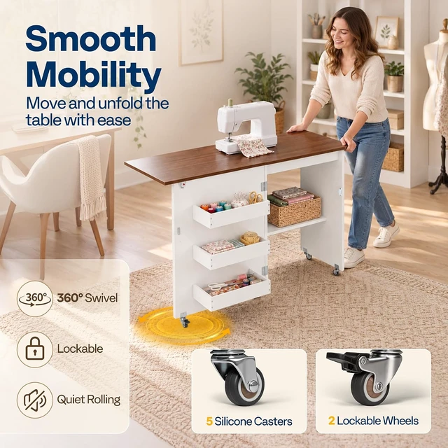 Alt view image 5 of 7 - Folding Sewing Table for Sewing Machine, Sewing Desk with Storage