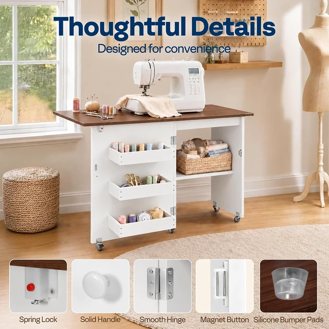 Alt view image 6 of 7 - Folding Sewing Table for Sewing Machine, Sewing Desk with Storage
