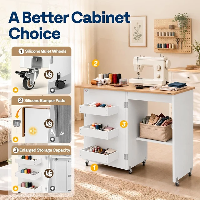 Alt view image 3 of 7 - Folding Sewing Table for Sewing Machine, Sewing Desk with Storage