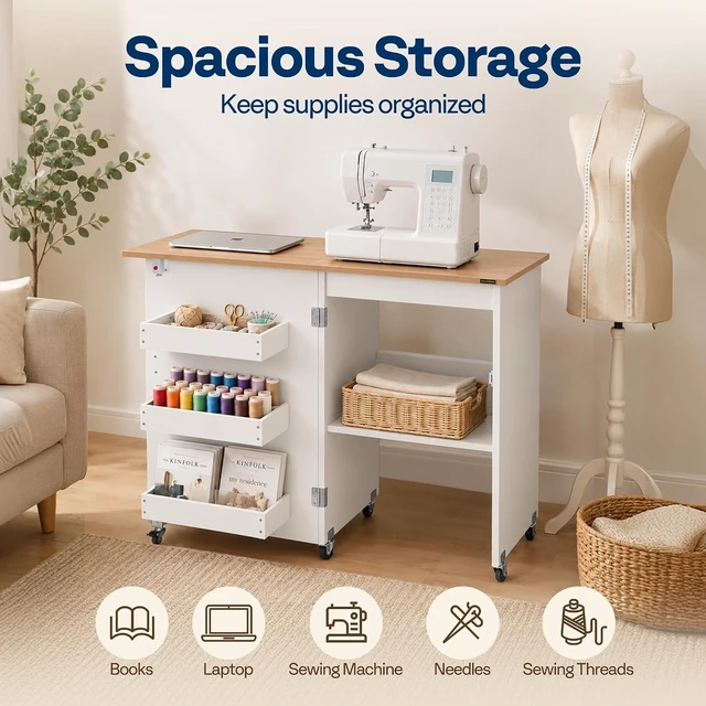 Alt view image 7 of 7 - Folding Sewing Table for Sewing Machine, Sewing Desk with Storage