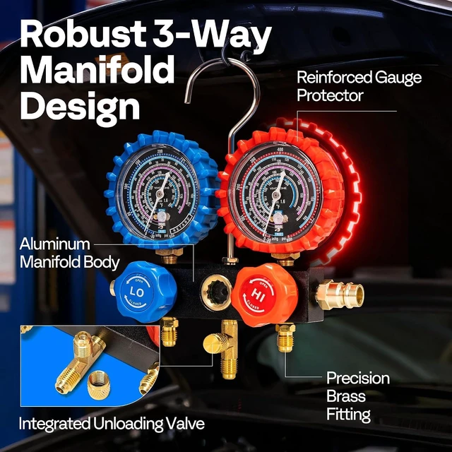 Alt view image 5 of 7 - HVAC Manifold Gauge Set for R134a R1234yf R454B R410a R32 with 5ft Hoses and 1/4 HP 3.5 CFM A2L HVAC Vacuum Pump with Sparkless Motor for R32 R1234yf R454B R134a R22 R410a AC Systems