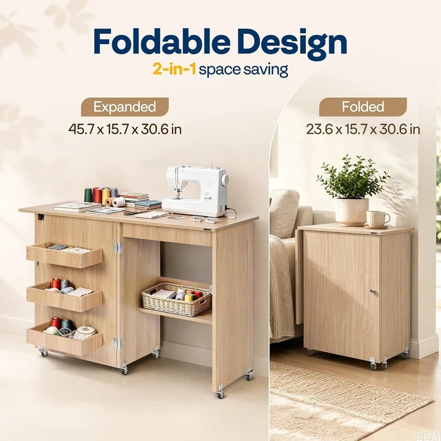 Alt view image 2 of 7 - Folding Sewing Table for Sewing Machine, Sewing Desk with Storage