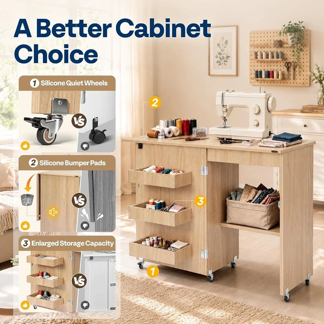 Alt view image 3 of 7 - Folding Sewing Table for Sewing Machine, Sewing Desk with Storage