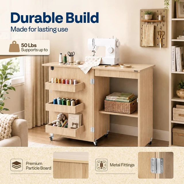 Alt view image 4 of 7 - Folding Sewing Table for Sewing Machine, Sewing Desk with Storage