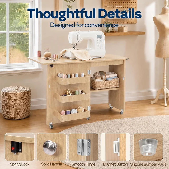 Alt view image 6 of 7 - Folding Sewing Table for Sewing Machine, Sewing Desk with Storage