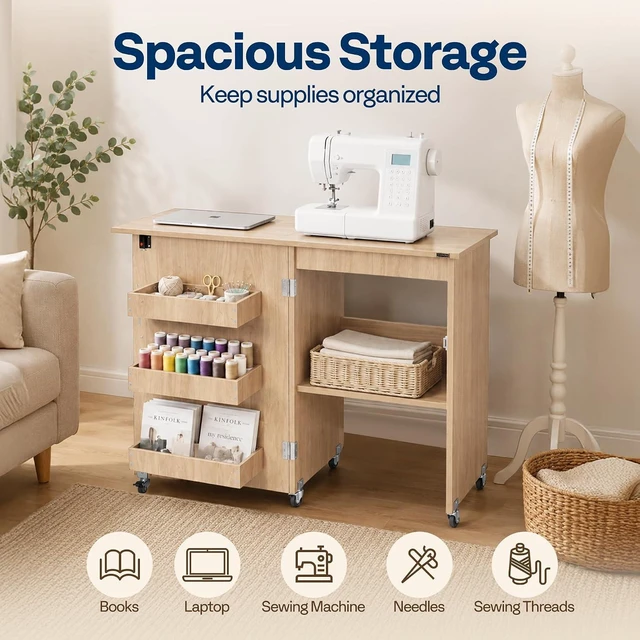 Alt view image 7 of 7 - Folding Sewing Table for Sewing Machine, Sewing Desk with Storage
