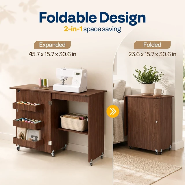 Alt view image 2 of 7 - Folding Sewing Table for Sewing Machine, Sewing Desk with Storage