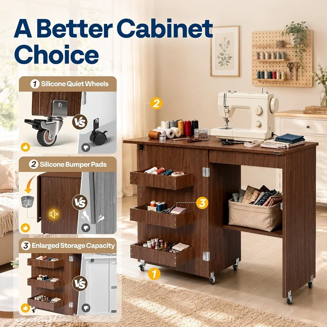 Alt view image 3 of 7 - Folding Sewing Table for Sewing Machine, Sewing Desk with Storage