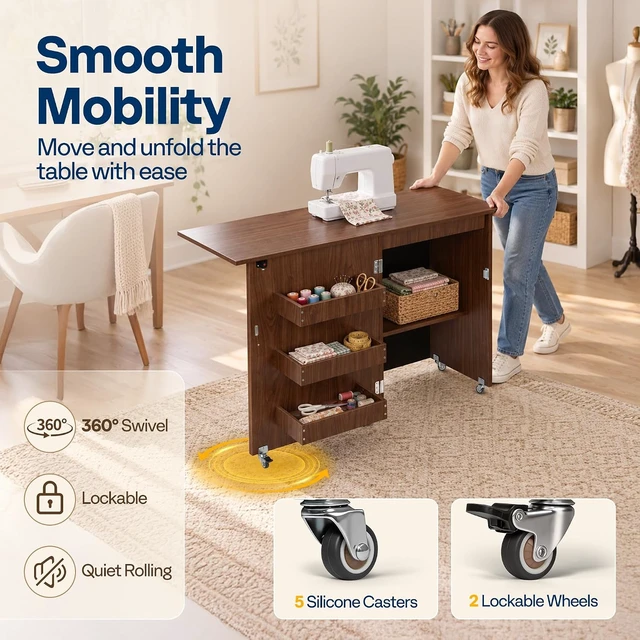 Alt view image 5 of 7 - Folding Sewing Table for Sewing Machine, Sewing Desk with Storage