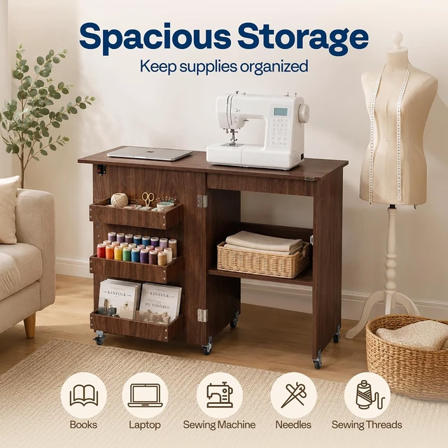 Alt view image 7 of 7 - Folding Sewing Table for Sewing Machine, Sewing Desk with Storage