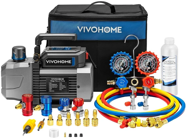 Main image of A2L 1/3 HP 4.5CFM 1 Stage AC Vacuum Pump and Manifold Gauge Set