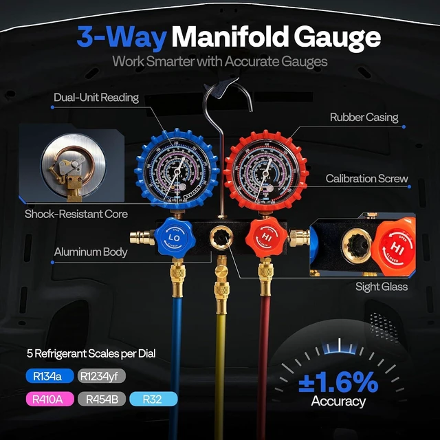Alt view image 6 of 7 - A2L 1/3 HP 5CFM Single Stage AC Vacuum Pump and Manifold Gauge Set