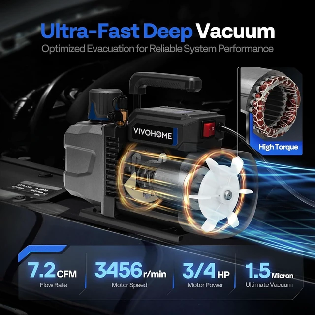 Alt view image 3 of 7 - A2L 3/4 HP 7.2CFM 2 Stage AC Vacuum Pump and Manifold Gauge Set