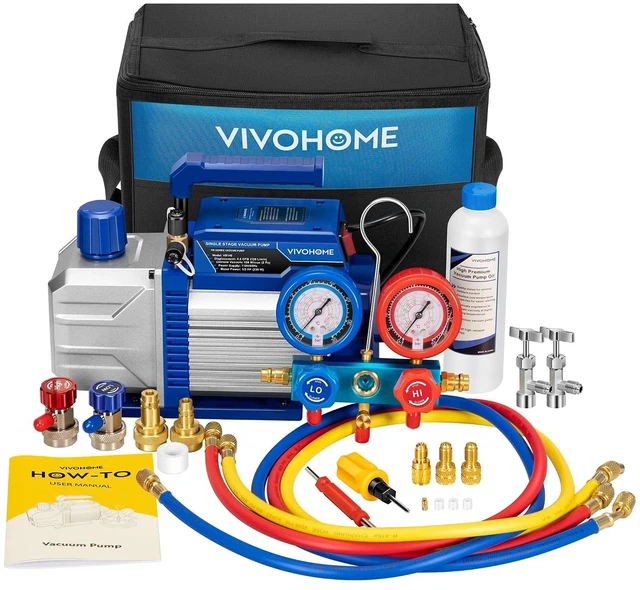 Main image of A2L 1/3 HP 4.5CFM 1 Stage AC Vacuum Pump and Manifold Gauge Set