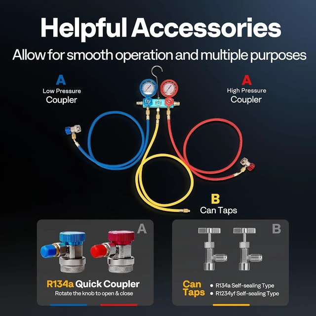 Alt view image 5 of 6 - A2L 1/3 HP 4.5CFM 1 Stage AC Vacuum Pump and Manifold Gauge Set