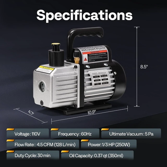 Alt view image 7 of 7 - 110V 1/3 HP 4.5 CFM Single Stage HVAC Vacuum Pump with Oil Bottle