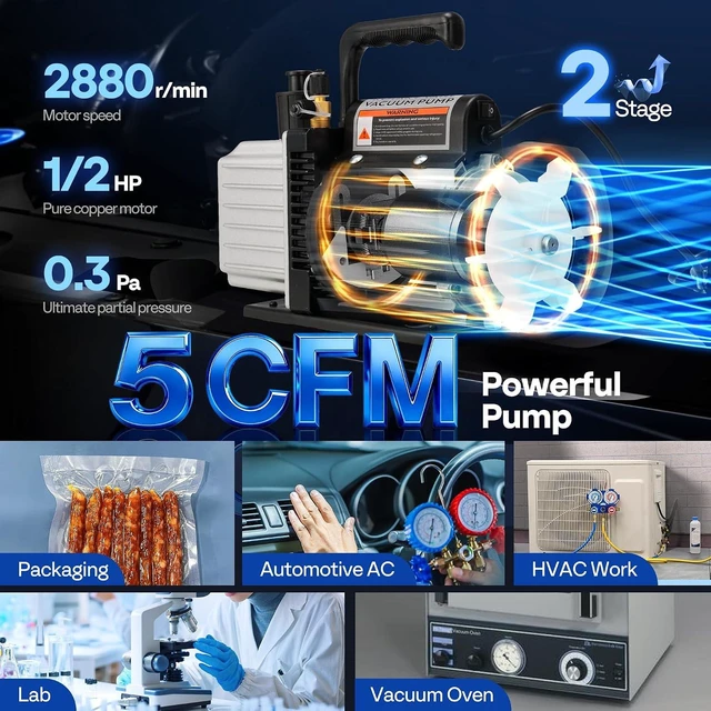Alt view image 2 of 7 - 110V 1/2 HP 5 CFM Dual Stage HVAC Vacuum Pump for R134a R410a R22