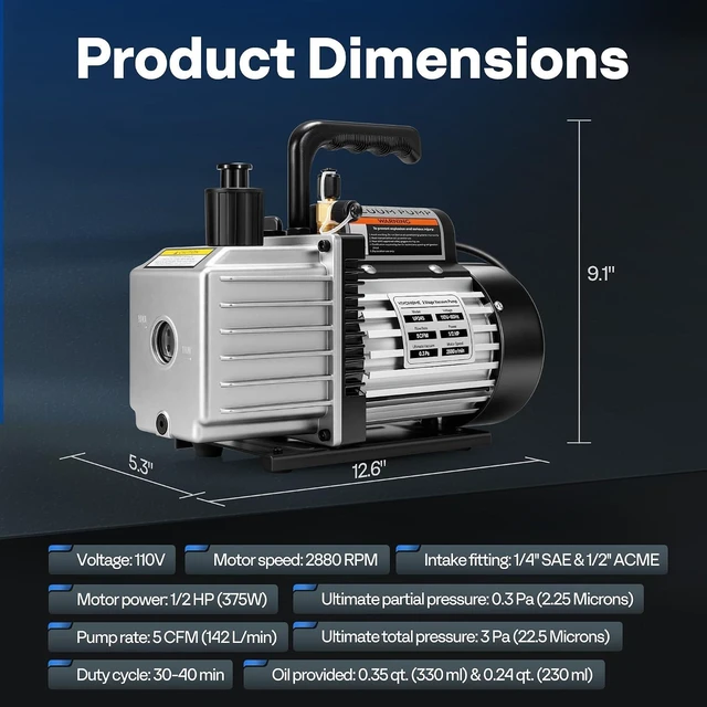 Alt view image 7 of 7 - 110V 1/2 HP 5 CFM Dual Stage HVAC Vacuum Pump for R134a R410a R22