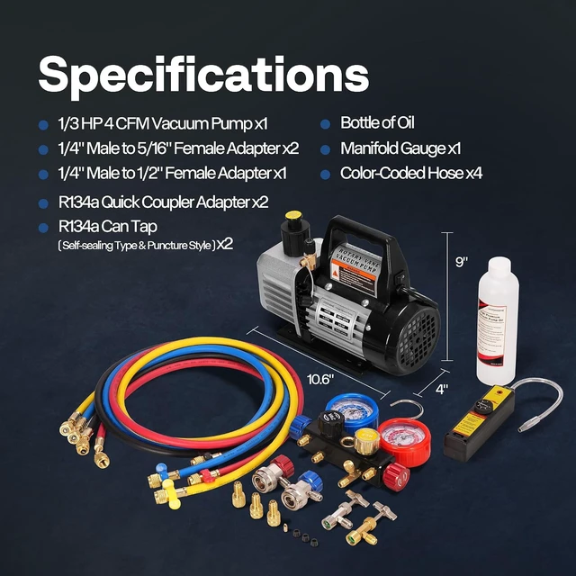 Alt view image 7 of 7 - Upgraded 1/3 HP 4 CFM 1 Stage AC Vacuum Pump and 4 Way Gauge Set
