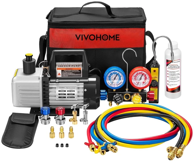 Main image of Upgraded 1/3 HP 5 CFM 1 Stage AC Vacuum Pump and 4 Way Gauge Set