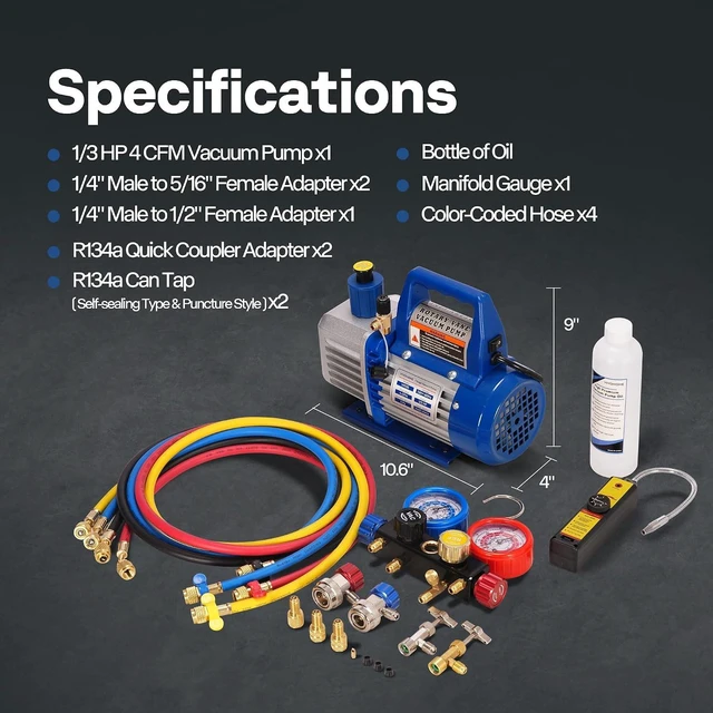 Alt view image 6 of 7 - Upgraded 1/3 HP 4 CFM 1 Stage AC Vacuum Pump and 4 Way Gauge Set