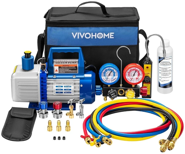 Main image of Upgraded 1/3 HP 5 CFM 1 Stage AC Vacuum Pump and 4 Way Gauge Set