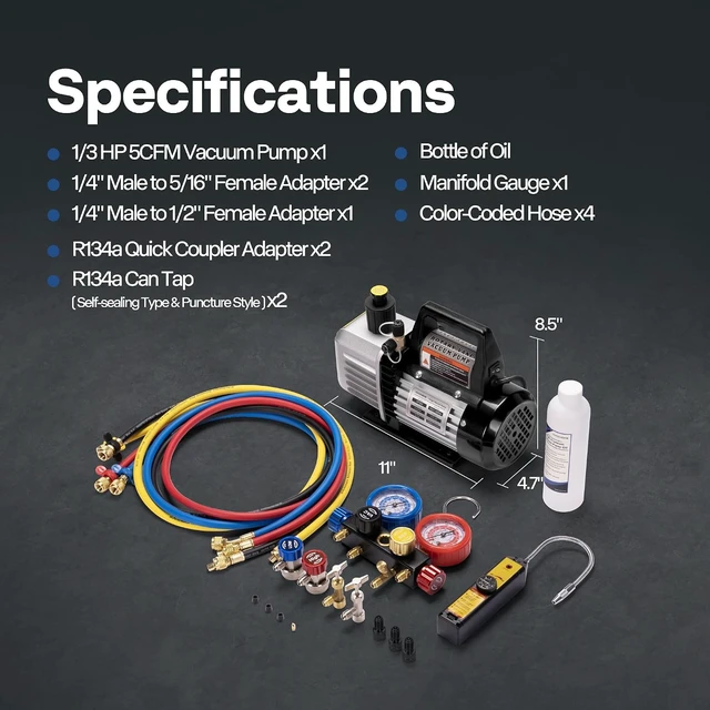 Alt view image 7 of 7 - Upgraded 1/3 HP 5 CFM 1 Stage AC Vacuum Pump and 4 Way Gauge Set