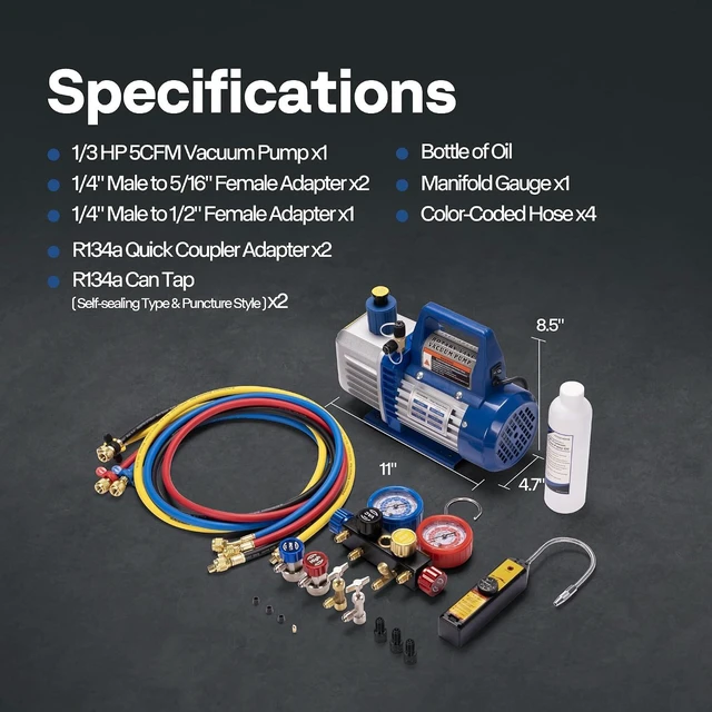 Alt view image 7 of 7 - Upgraded 1/3 HP 5 CFM 1 Stage AC Vacuum Pump and 4 Way Gauge Set