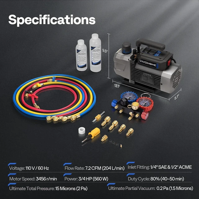 Alt view image 7 of 7 - A2L 3/4 HP 7.2CFM 2 Stage AC Vacuum Pump and Manifold Gauge Set
