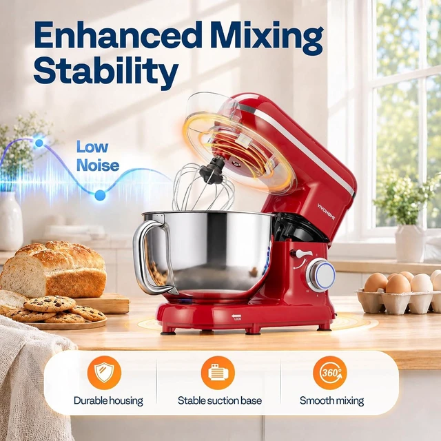 Alt view image 4 of 7 - Stand Mixer, 6-Quart Tilt-Head Kitchen Mixer with Bowl, Red