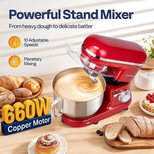 Alt view image 2 of 7 - Stand Mixer, 6-Quart Tilt-Head Kitchen Mixer with Bowl, Red