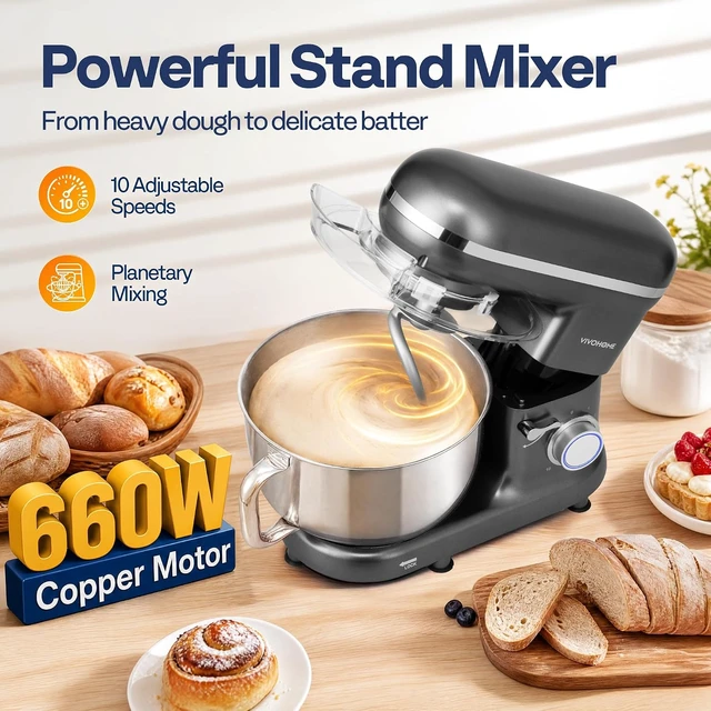 Alt view image 2 of 7 - Stand Mixer, 6-Quart Tilt-Head Kitchen Mixer with Bowl, Gray