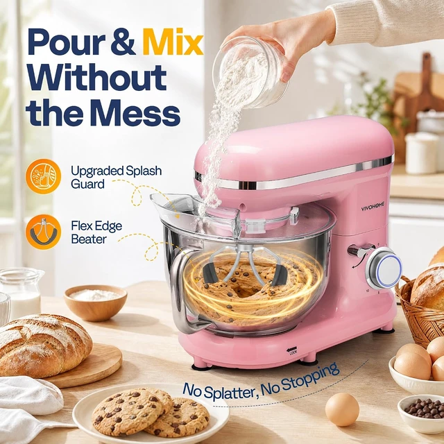 Alt view image 7 of 7 - Stand Mixer, 6-Quart Tilt-Head Kitchen Mixer with Bowl, Pink