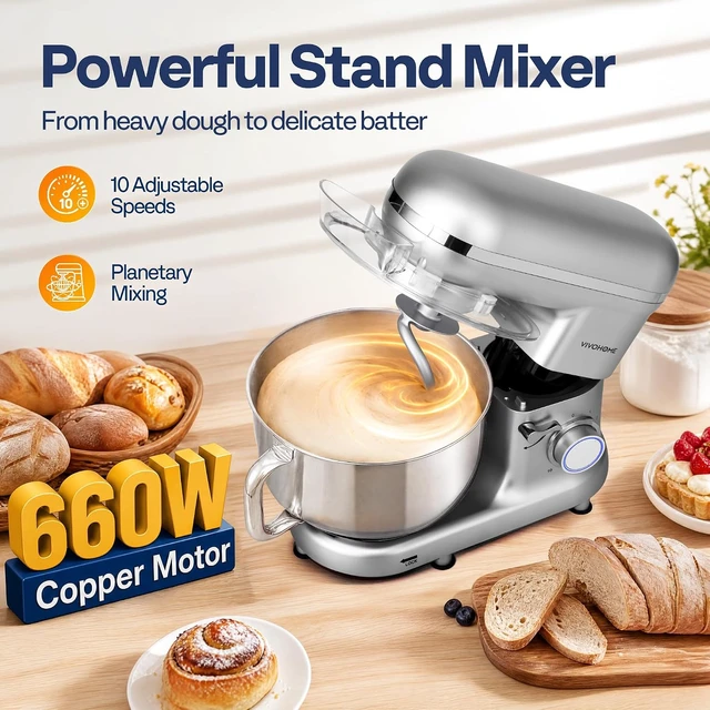 Alt view image 2 of 7 - Stand Mixer, 6-Quart Tilt-Head Kitchen Mixer with Bowl, Silver