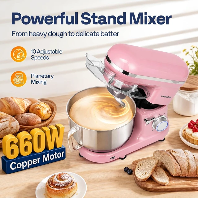 Alt view image 2 of 7 - Stand Mixer, 6-Quart Tilt-Head Kitchen Mixer with Bowl, Pink