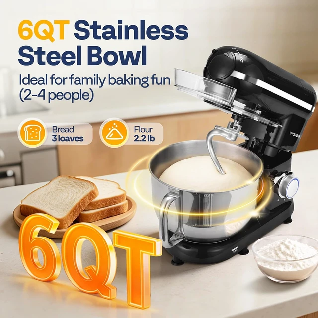 Alt view image 3 of 7 - 3-in-1 Stand Mixer, 6-Quart Tilt-Head Mixer, 10 Speeds, Black