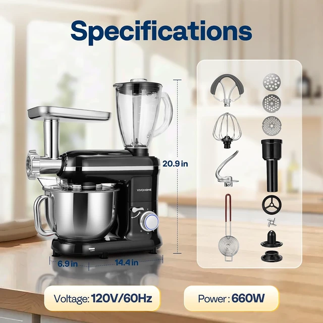 Alt view image 7 of 7 - 3-in-1 Stand Mixer, 6-Quart Tilt-Head Mixer, 10 Speeds, Black