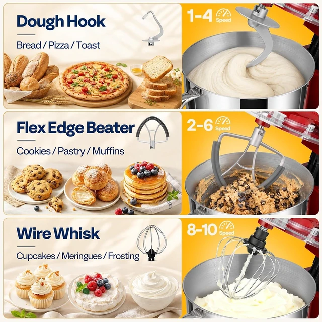 Alt view image 3 of 7 - 6-in-1 Stand Mixer, 8.5-Quart Tilt-Head Mixer, 10 Speeds, Red