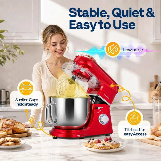 Alt view image 5 of 7 - 6-in-1 Stand Mixer, 8.5-Quart Tilt-Head Mixer, 10 Speeds, Red