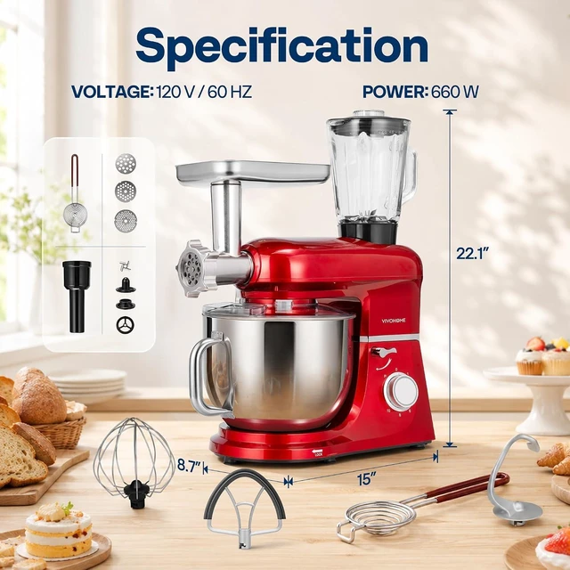 Alt view image 7 of 7 - 6-in-1 Stand Mixer, 8.5-Quart Tilt-Head Mixer, 10 Speeds, Red