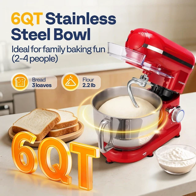 Alt view image 3 of 7 - 3-in-1 Stand Mixer, 6-Quart Tilt-Head Mixer, 10 Speeds, Red