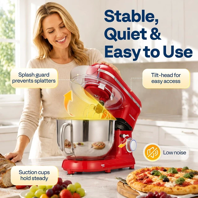 Alt view image 5 of 7 - 3-in-1 Stand Mixer, 6-Quart Tilt-Head Mixer, 10 Speeds, Red