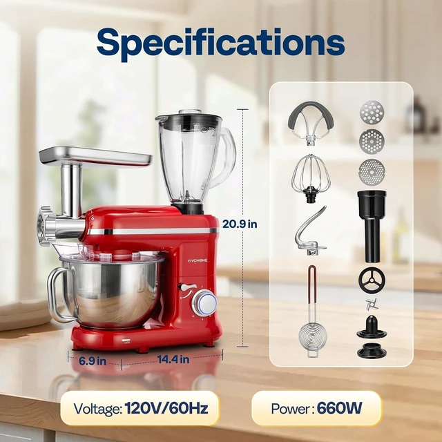 Alt view image 7 of 7 - 3-in-1 Stand Mixer, 6-Quart Tilt-Head Mixer, 10 Speeds, Red