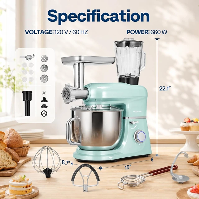 Alt view image 7 of 7 - 6-in-1 Stand Mixer, 8.5-Quart Tilt-Head Mixer, 10 Speeds, Blue