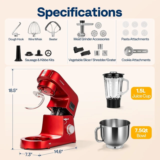 Alt view image 7 of 7 - 9-in-1 Stand Mixer with Fermentation & Timer, 7.5-Quart, Red
