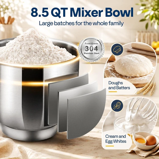 Alt view image 4 of 7 - 6-in-1 Stand Mixer, 8.5-Quart Tilt-Head Mixer, 10 Speeds, Black