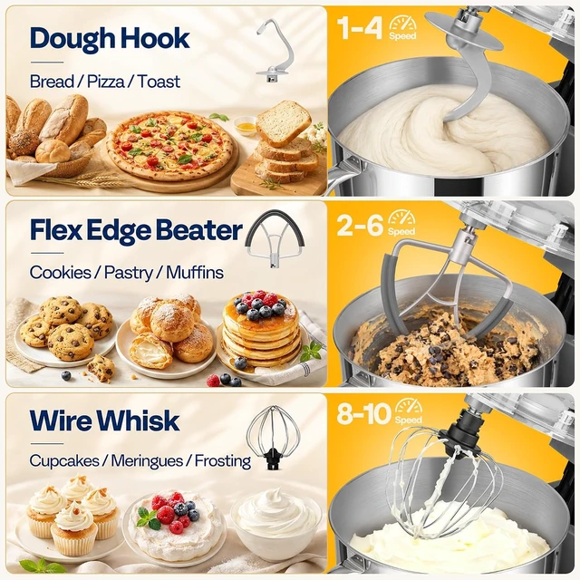 Alt view image 3 of 7 - 6-in-1 Stand Mixer, 8.5-Quart Tilt-Head Mixer, 10 Speeds, Silver
