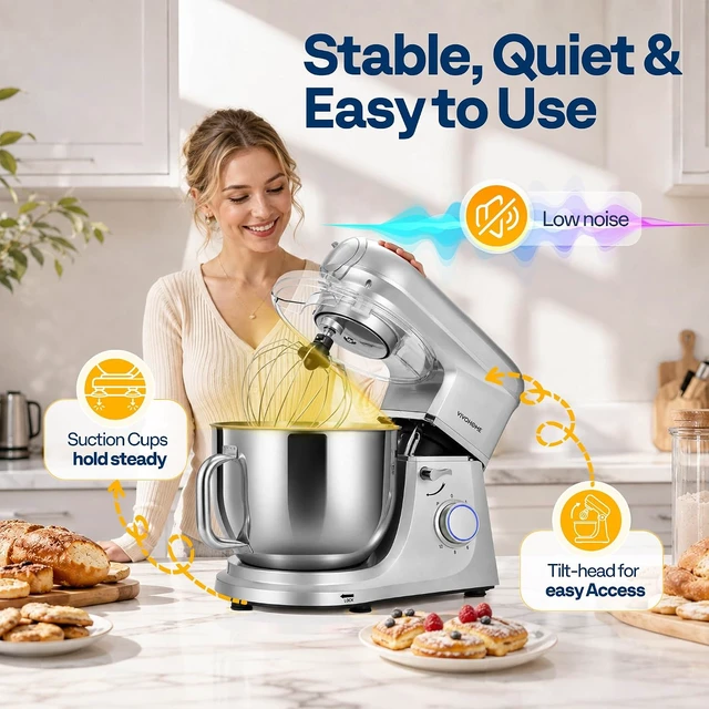 Alt view image 5 of 7 - 6-in-1 Stand Mixer, 8.5-Quart Tilt-Head Mixer, 10 Speeds, Silver